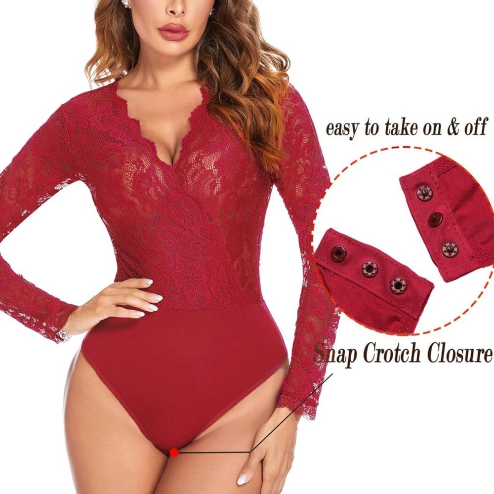 Avidlove Lace Bodysuit for Woman Sexy Lingerie Top Deep V Long Sleeve Lace Body